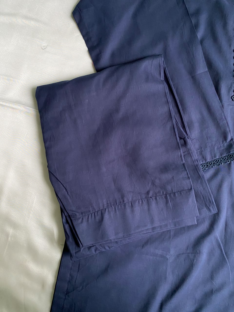 Navy Blue Solid Lawn Co-Ord Set With Lace Detail
