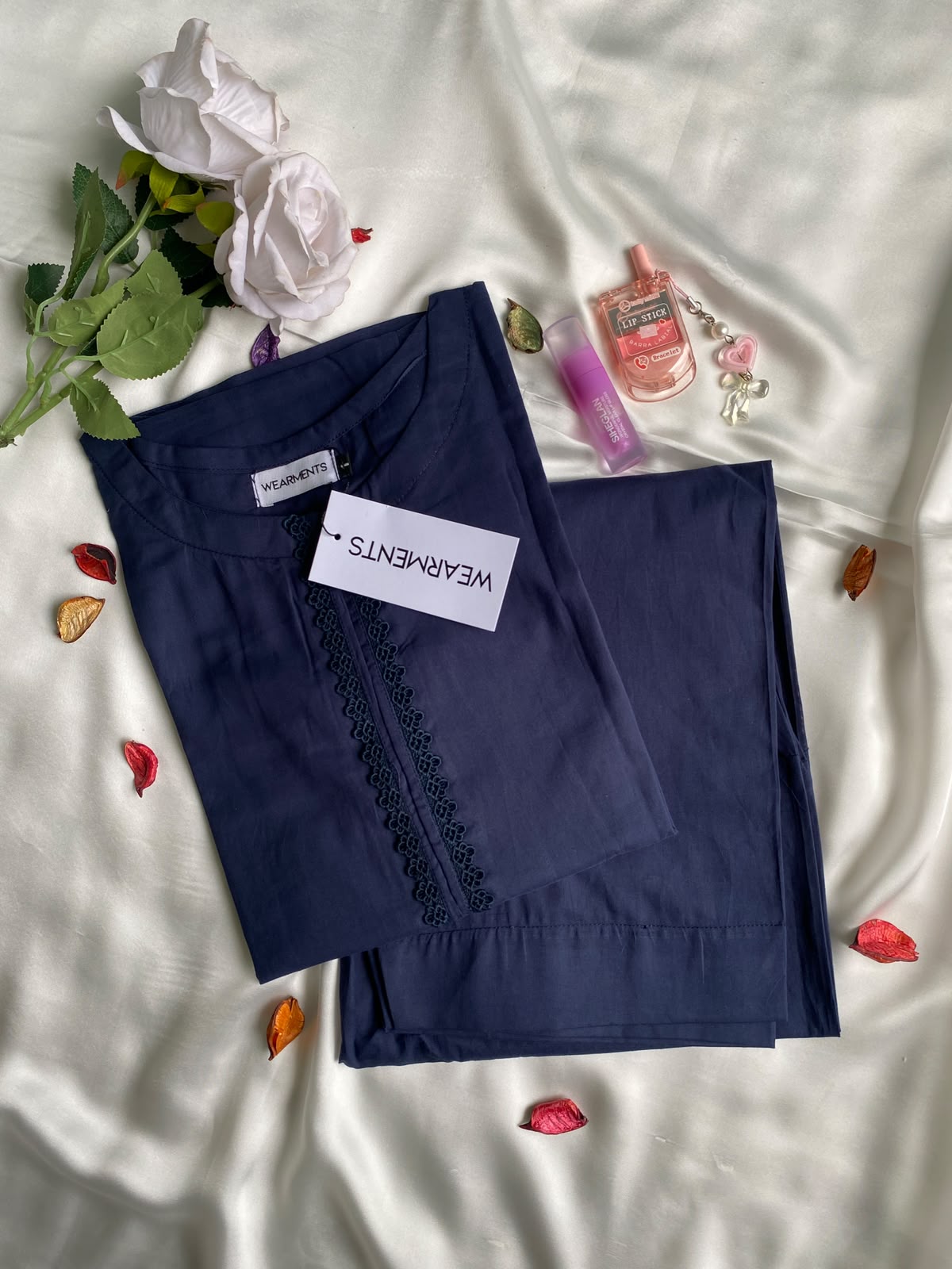 Navy Blue Solid Lawn Co-Ord Set With Lace Detail