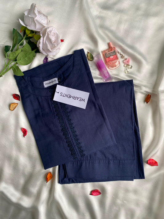 Navy Blue Solid Lawn Co-Ord Set With Lace Detail