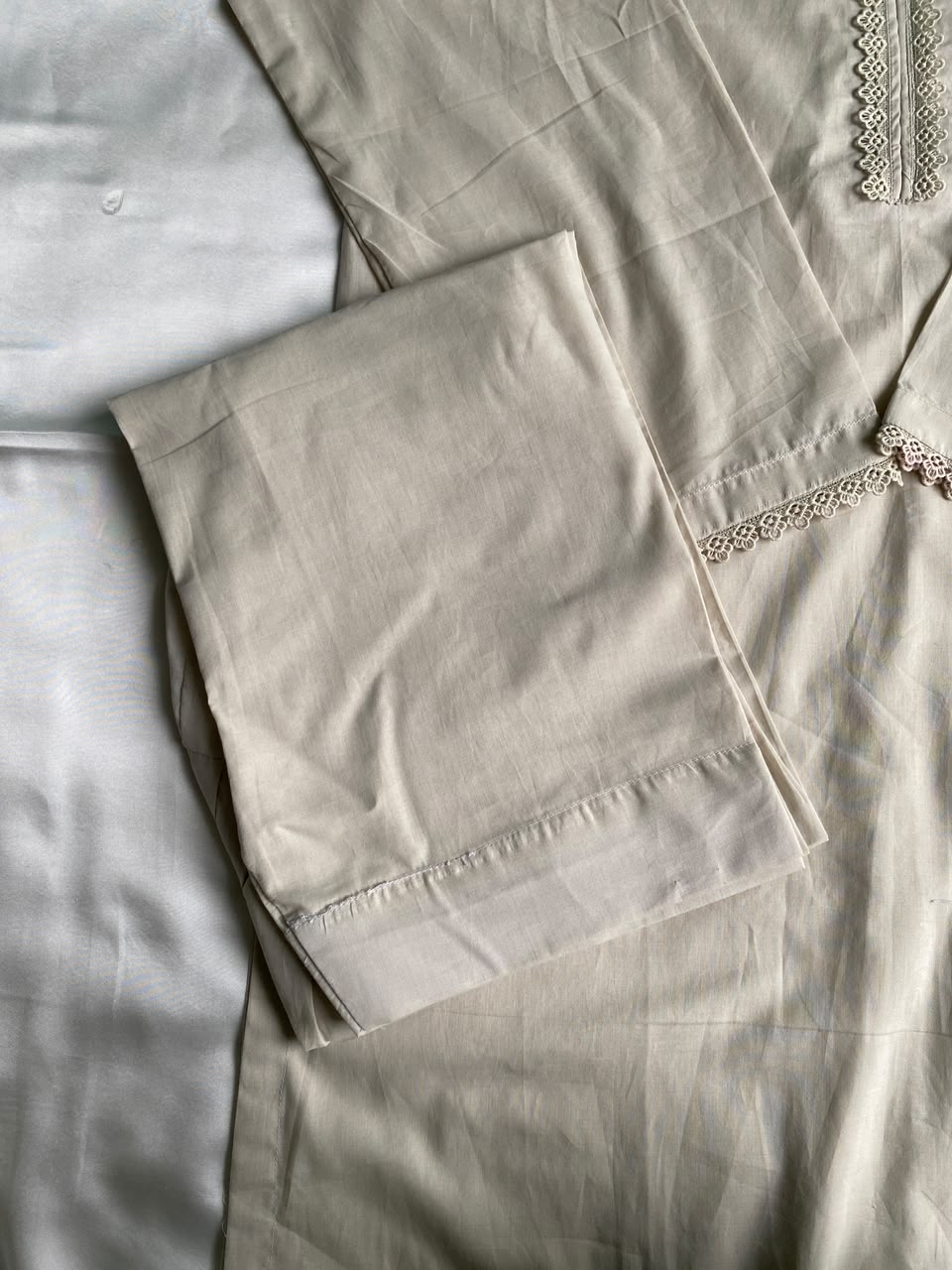 Beige Solid Lawn Co-Ord Set With Lace Detail