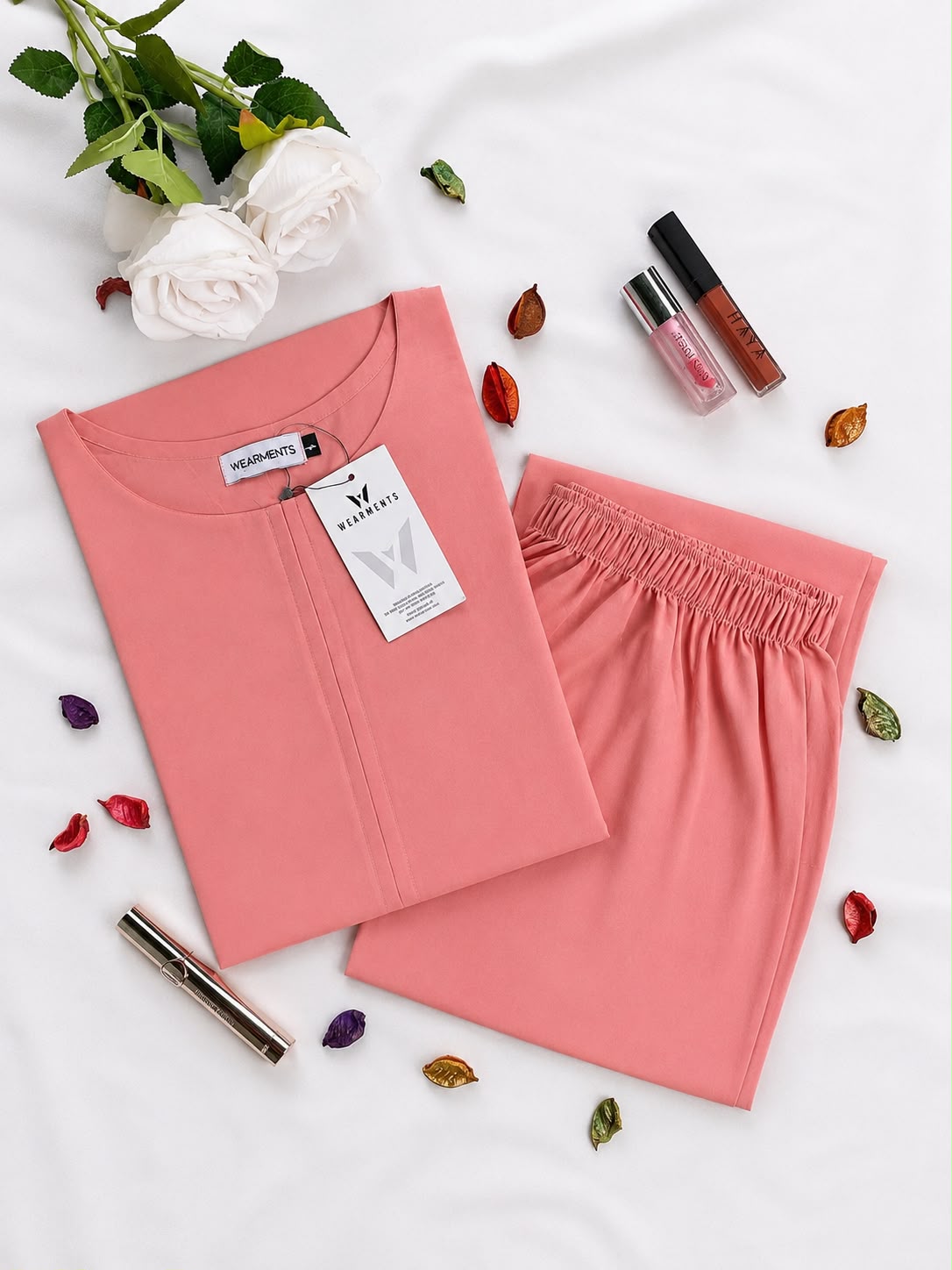 Peach Pink Solid Seamless 2 Piece Suit
