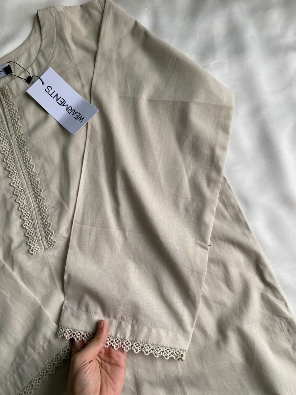 Beige Solid Lawn Co-Ord Set With Lace Detail