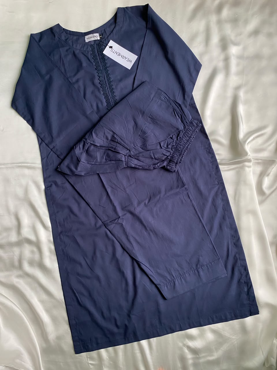 Navy Blue Solid Lawn Co-Ord Set With Lace Detail