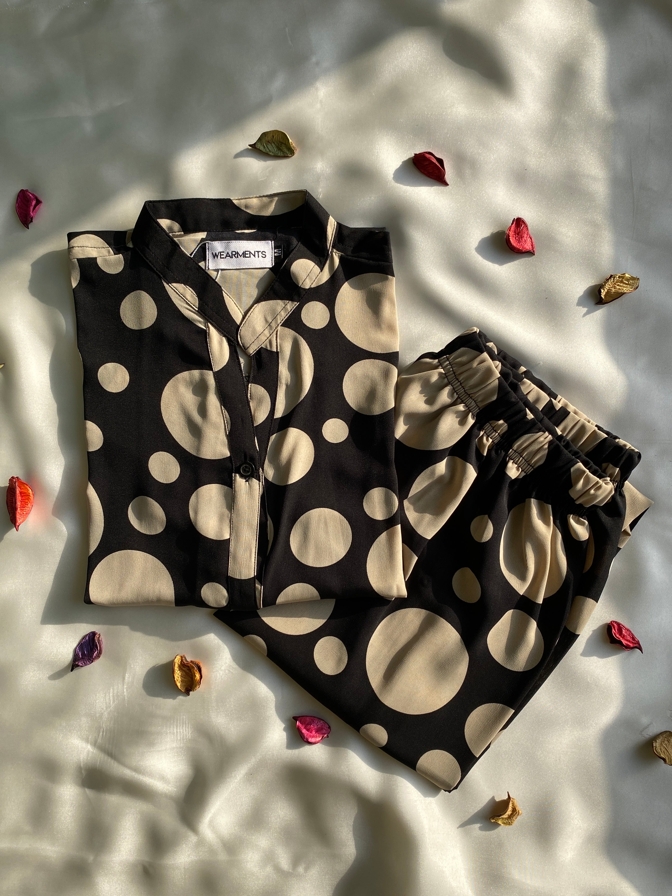 Black & Beige Polka Dot Winter Crepe Co-Ord Set