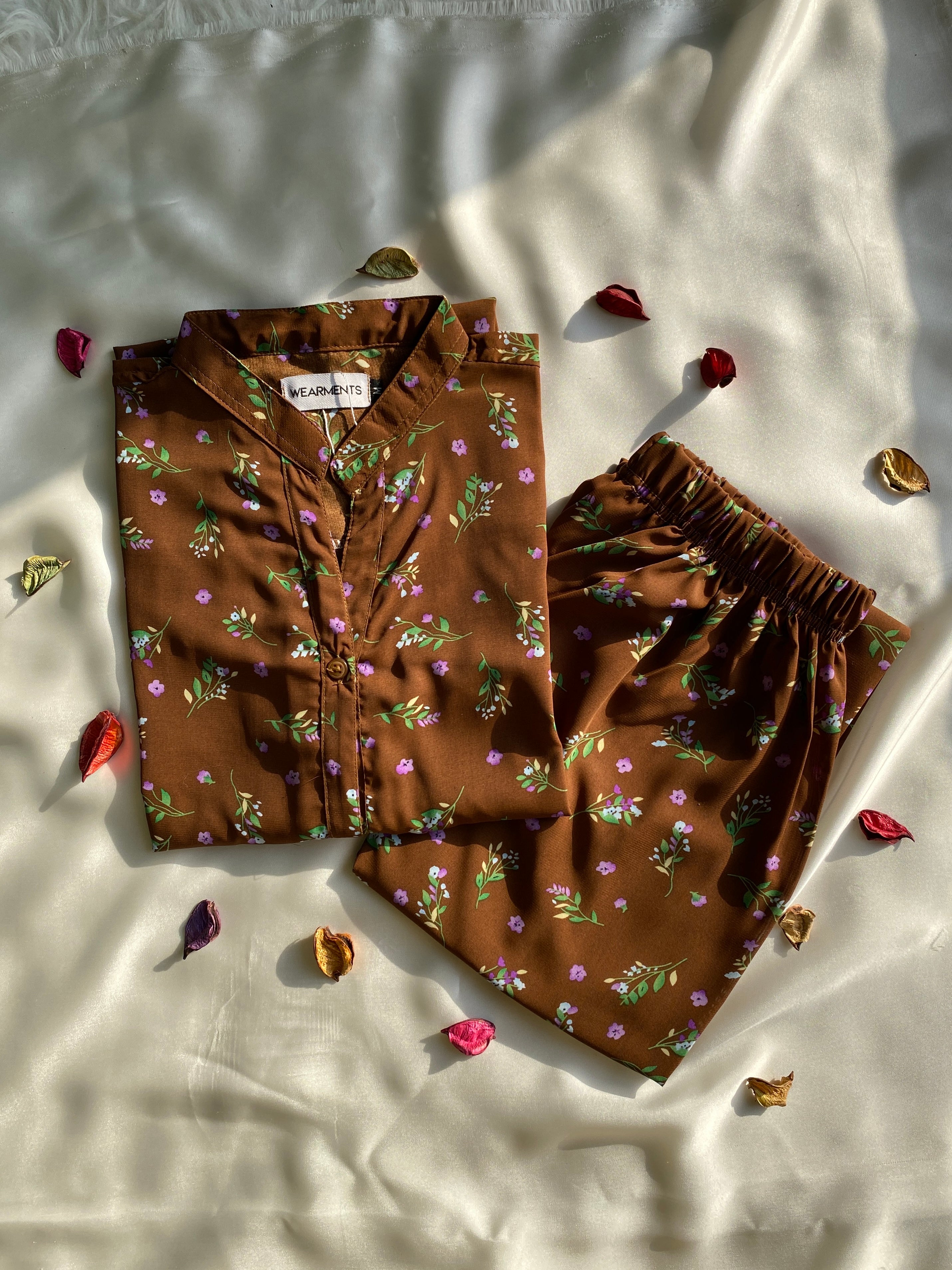 Brown Floral Winter Crepe Co-Ord Set