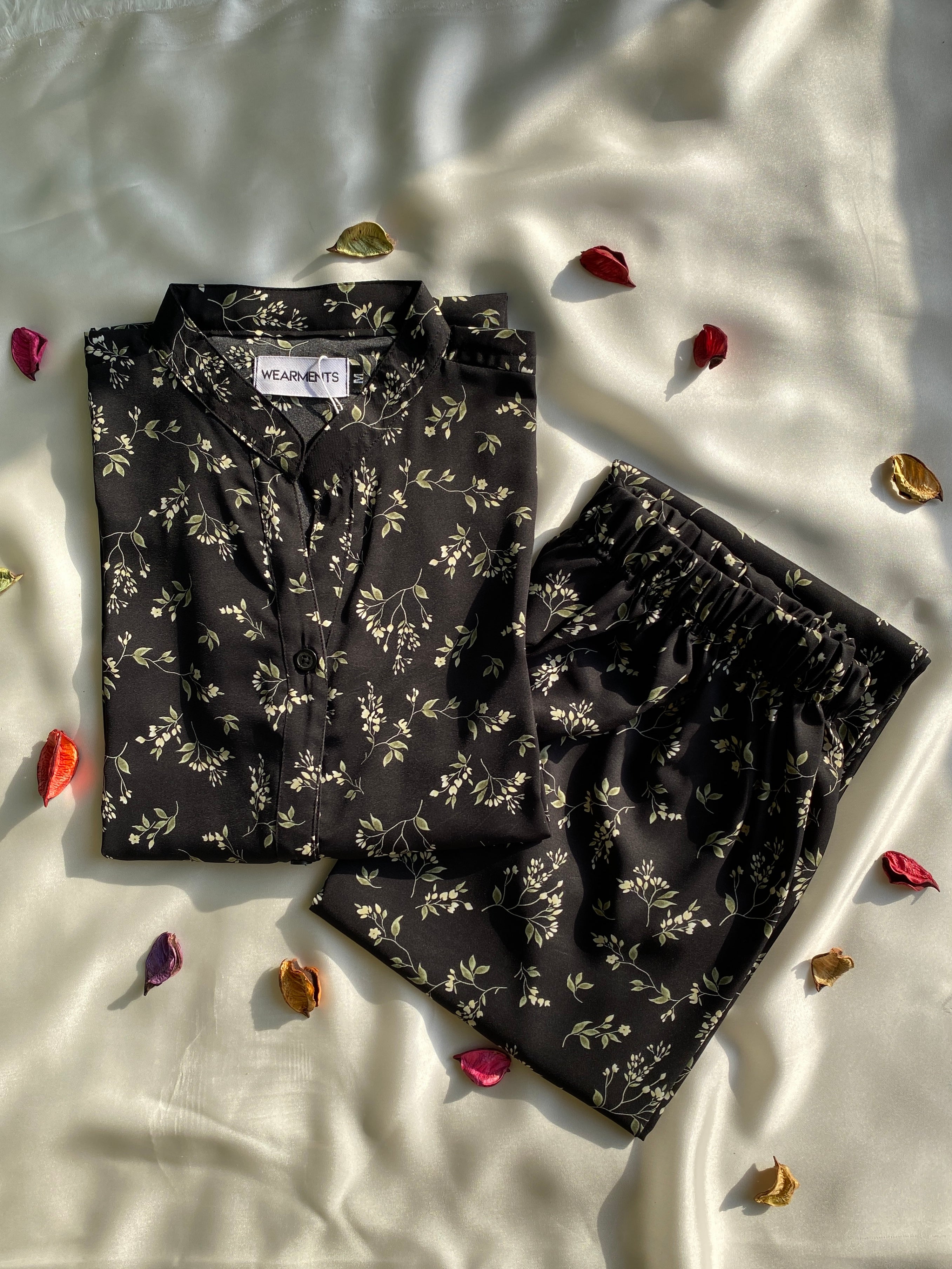 Black Botanical Print Winter Crepe Co-Ord Set