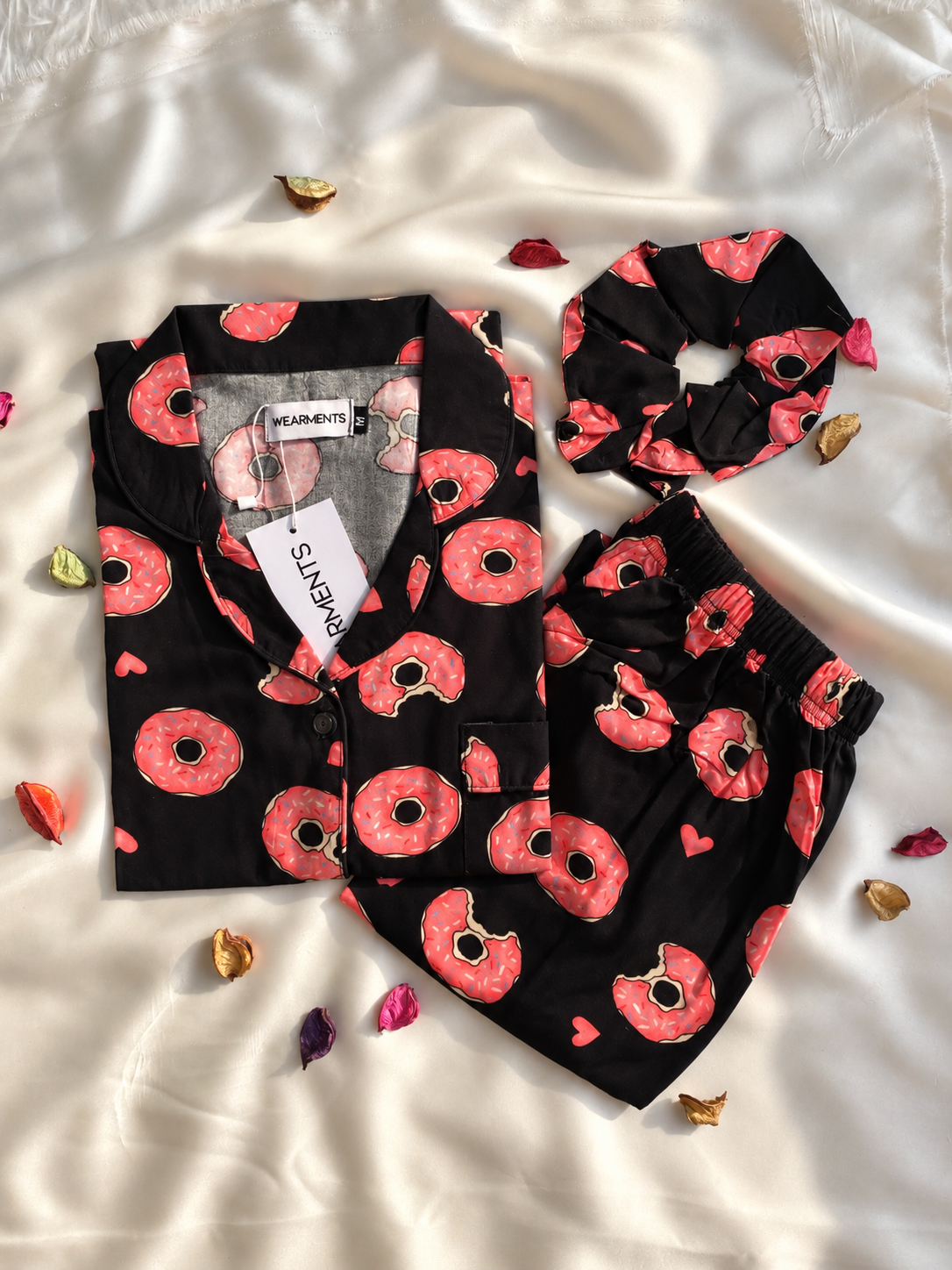 Black Donut Print Linen Pajama Set
