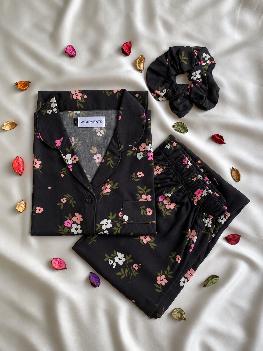Black Floral Print Linen Night Suit
