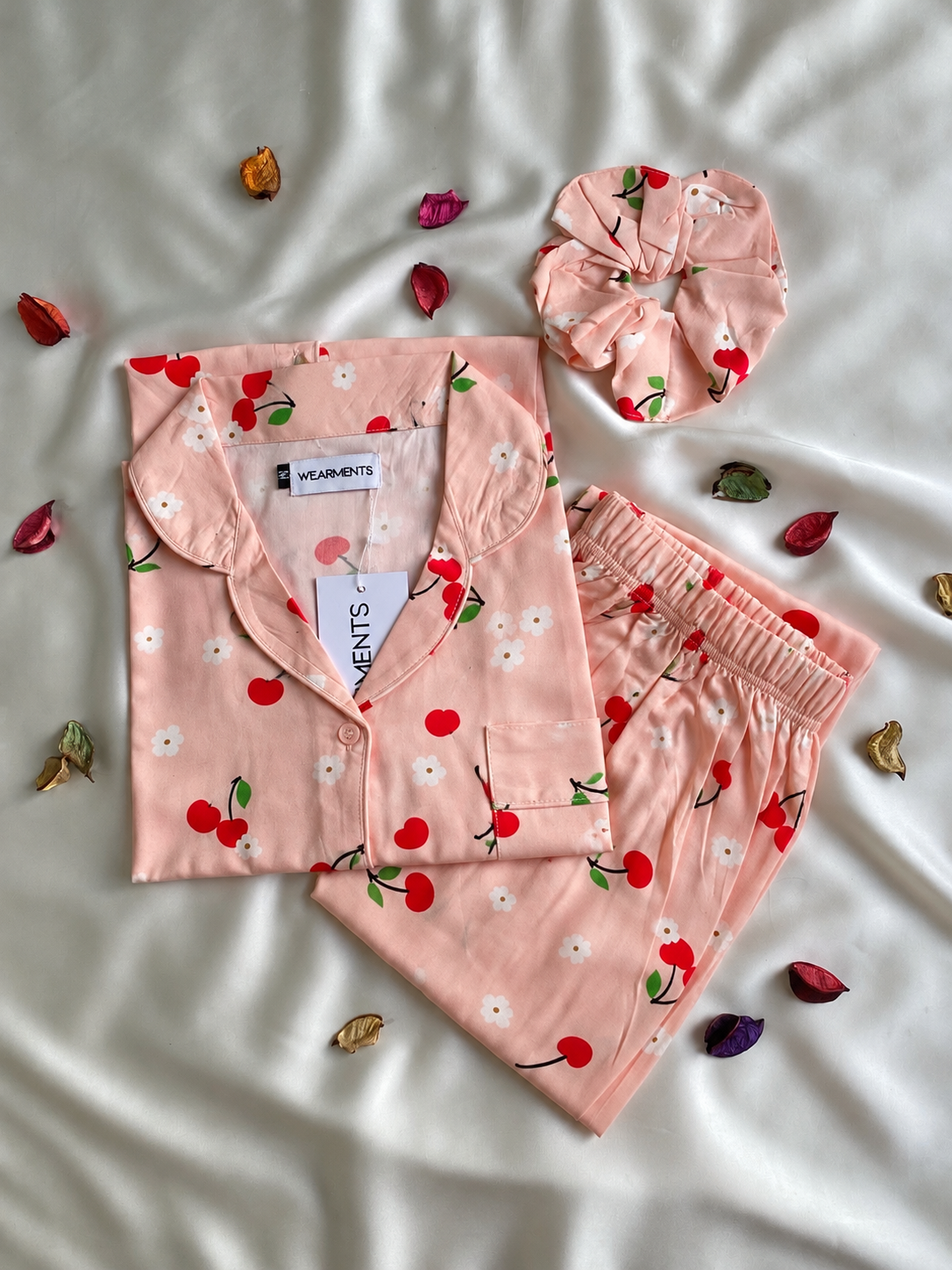 Peach Cherry Blossom Linen Night Suit
