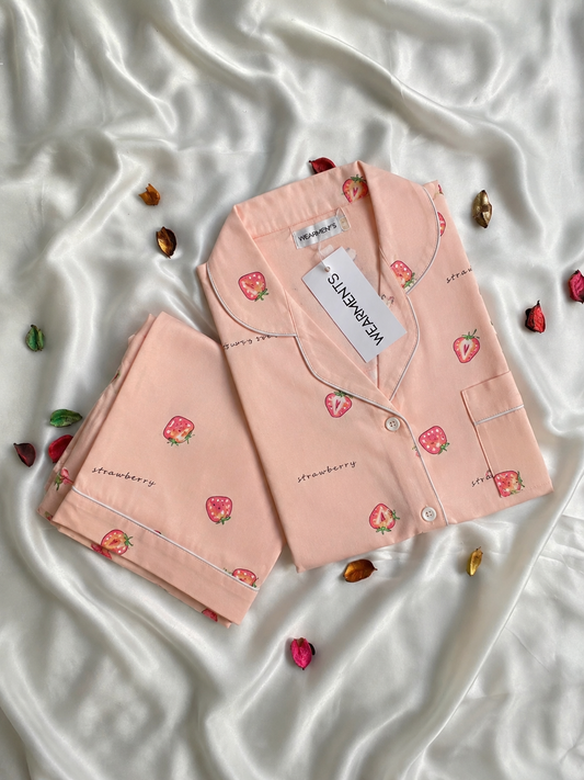 Strawberry Print Premium Linen Night Suit