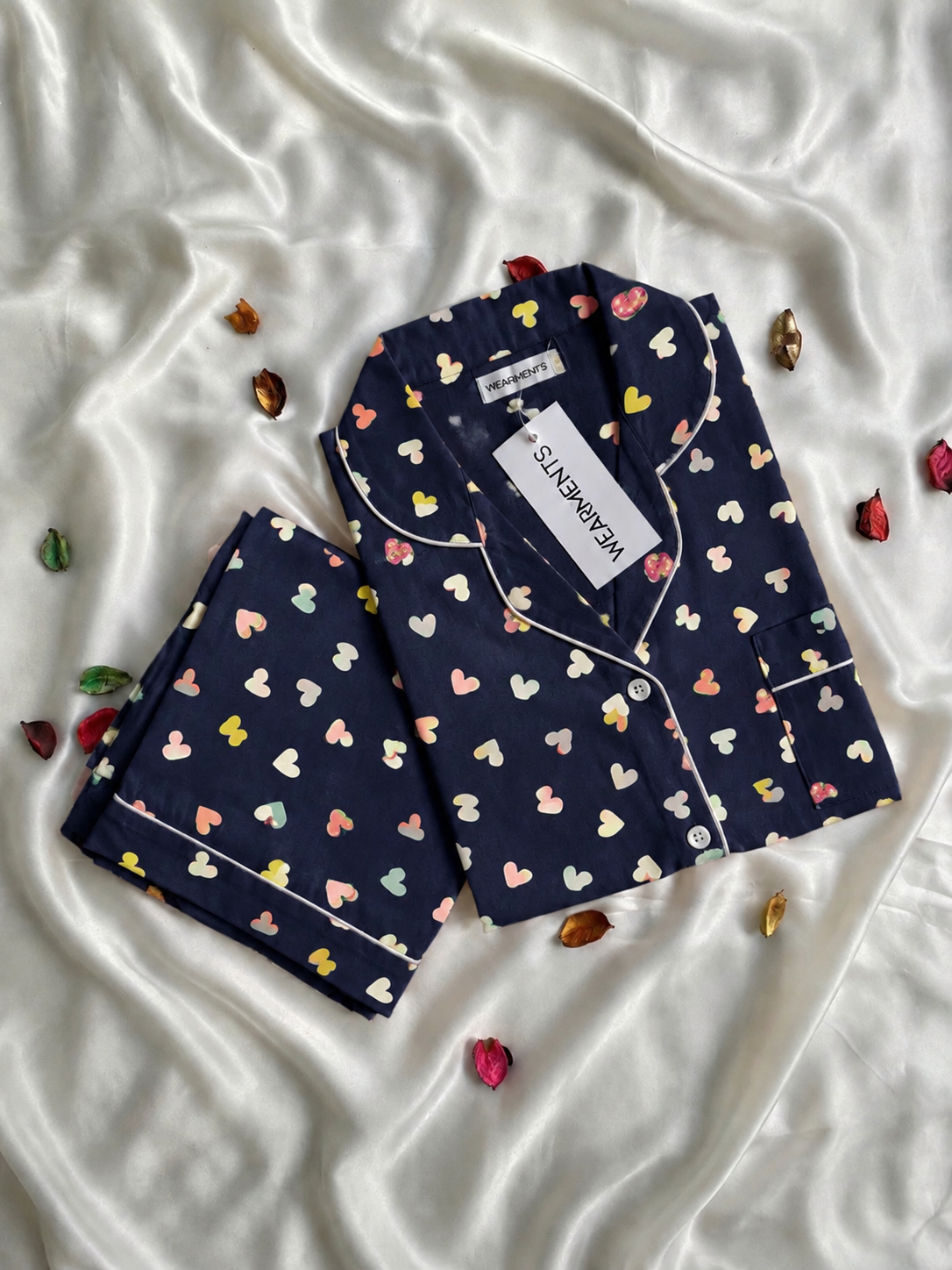 Multicolor Hearts Print Premium Linen Night Suit