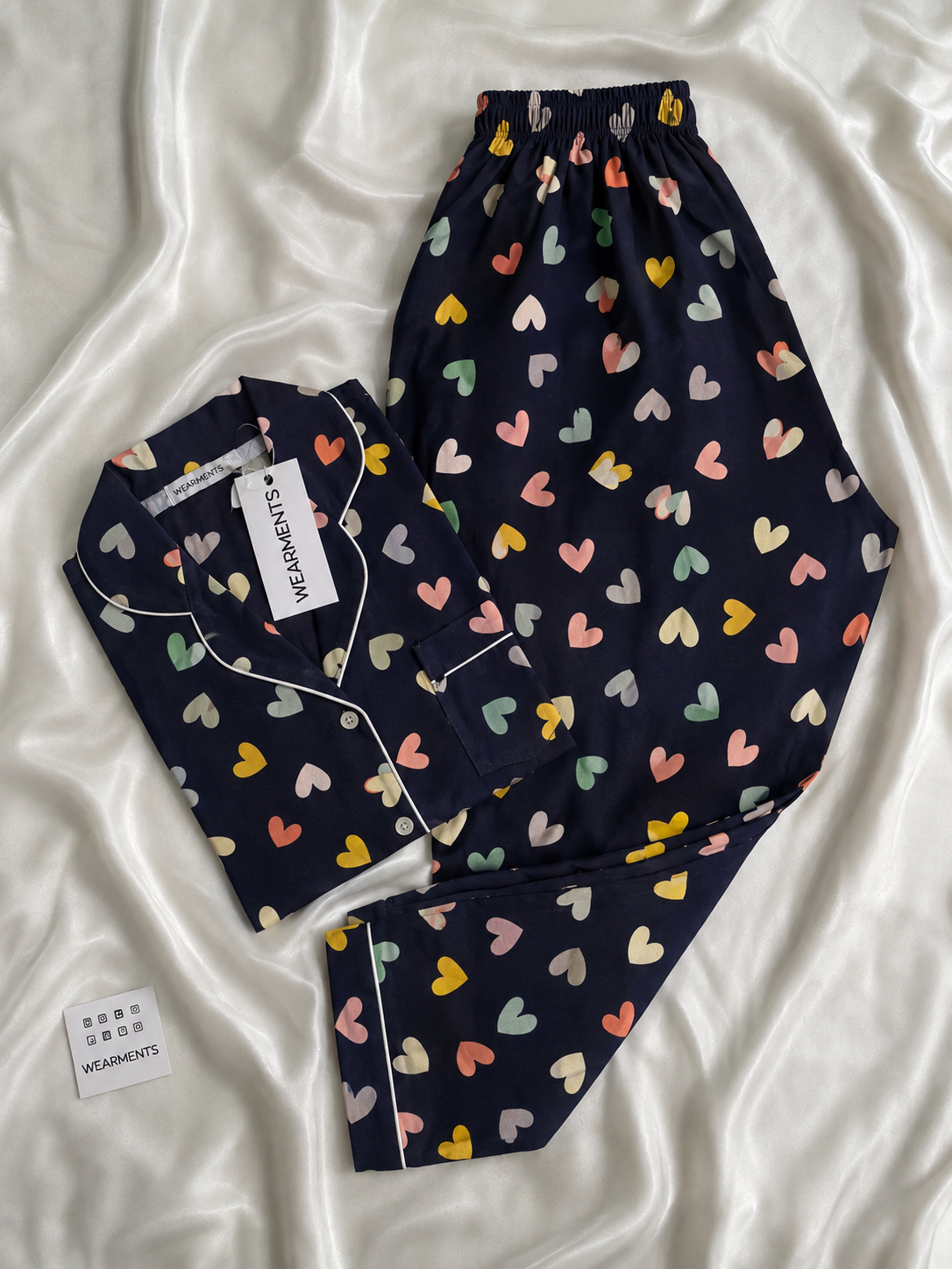 Multicolor Hearts Print Premium Linen Night Suit