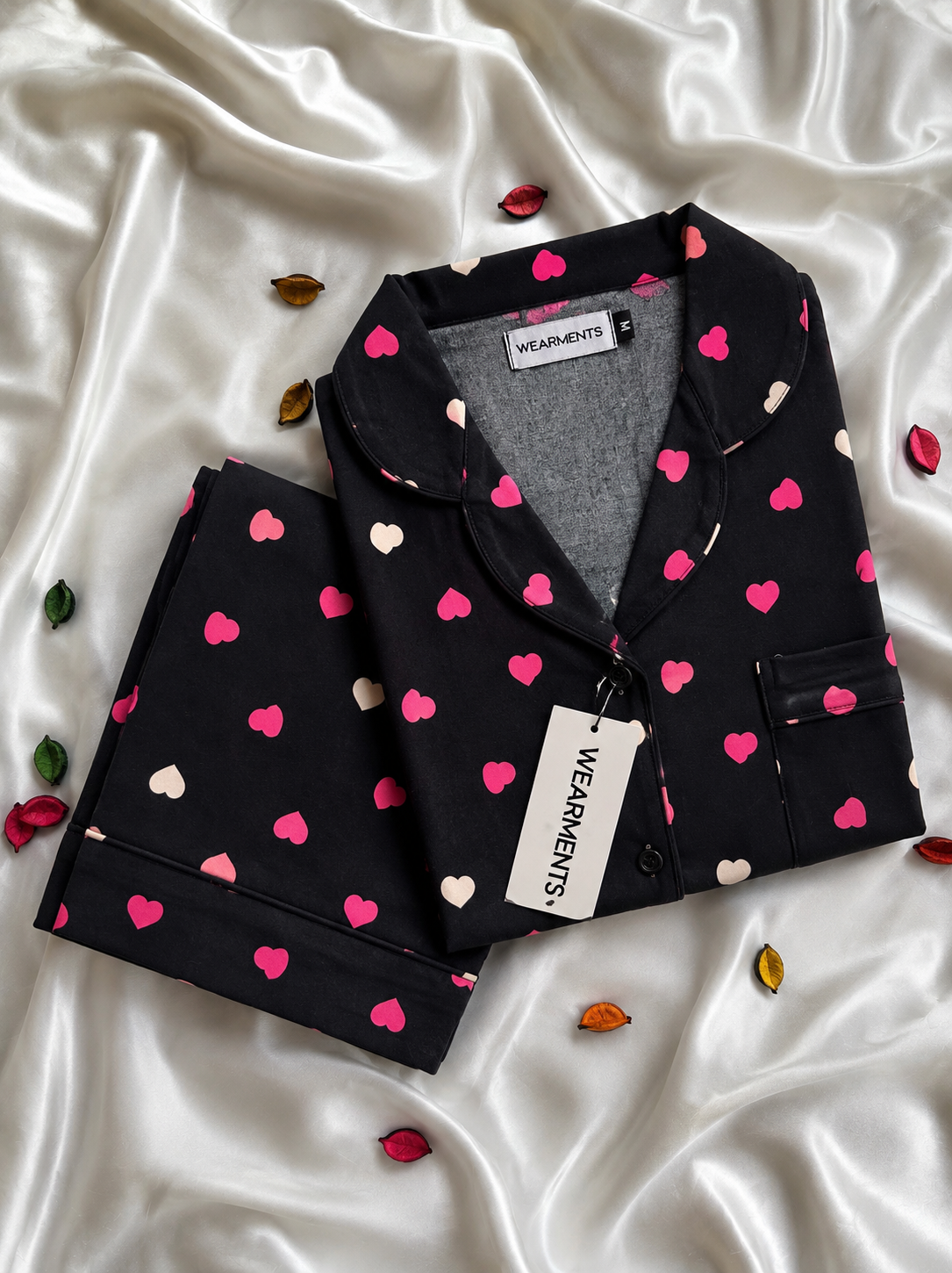 Pink Hearts Black Night Suit