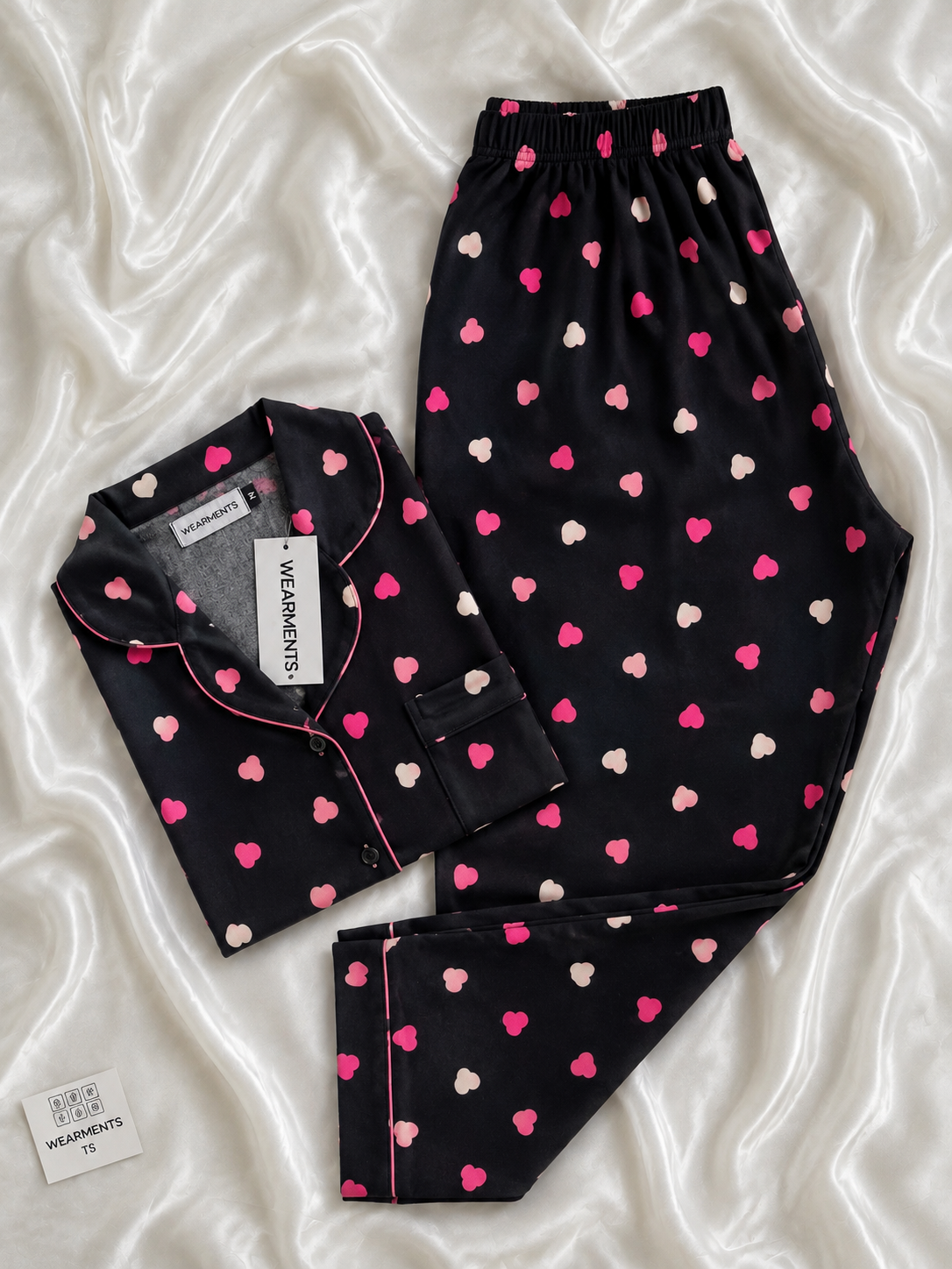 Pink Hearts Black Night Suit