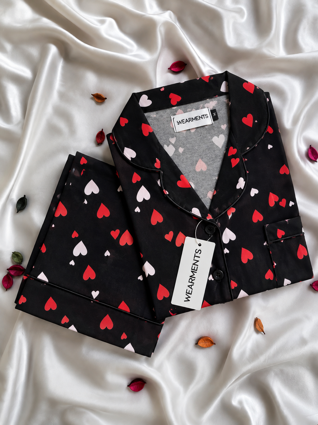 Love Notes Black Heart Premium Linen Night Suit
