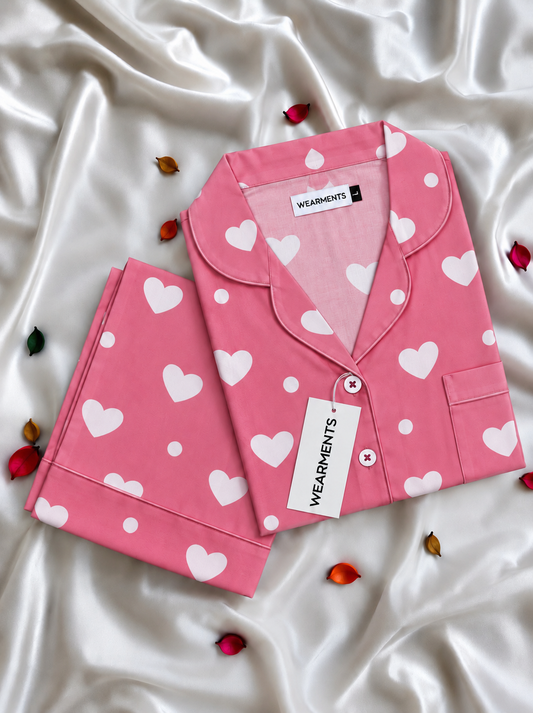 Hearts Print Premium Linen Night Suit