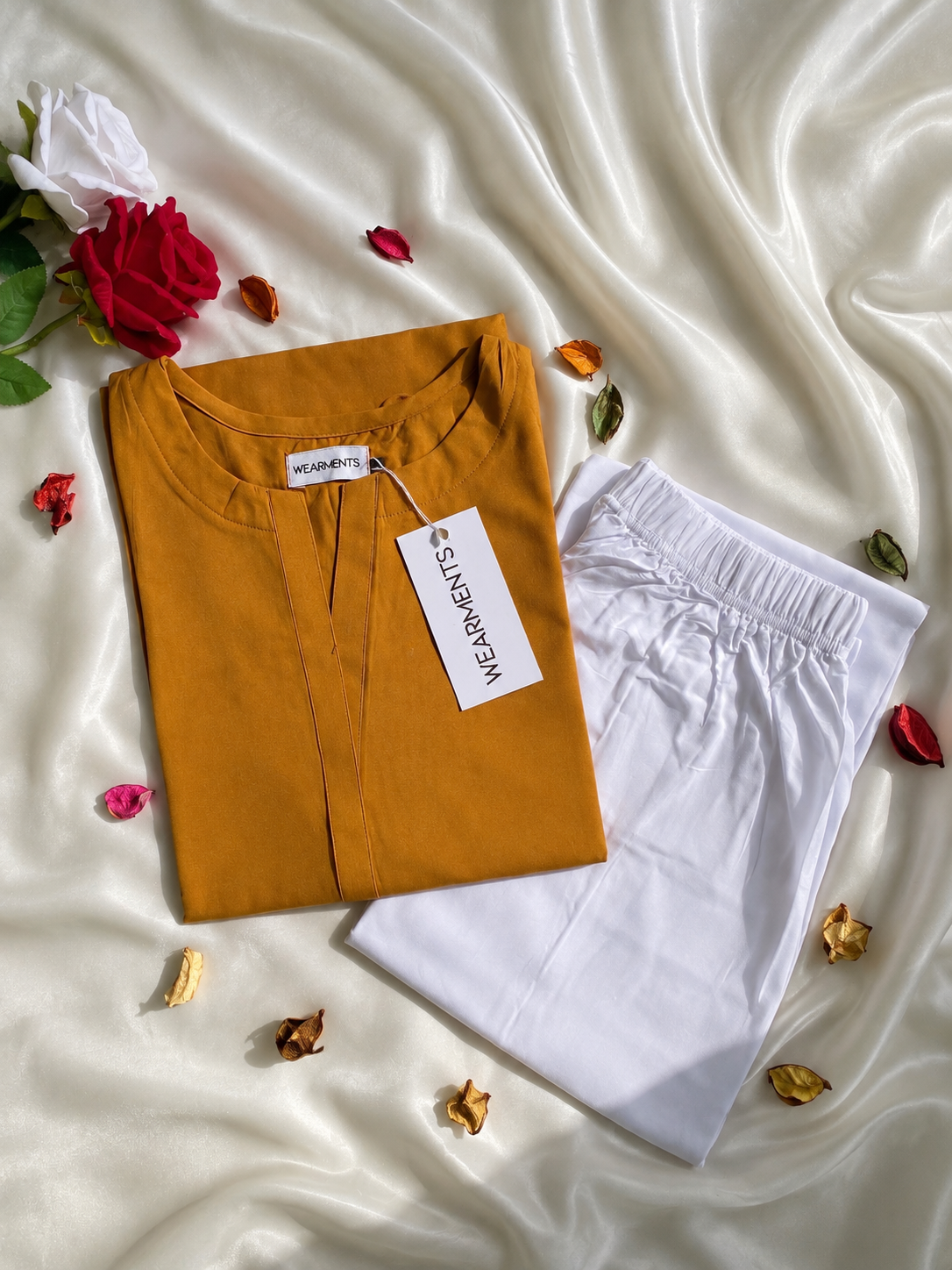 Mustard Long Shirt with White Palazzo – Linen 2PC
