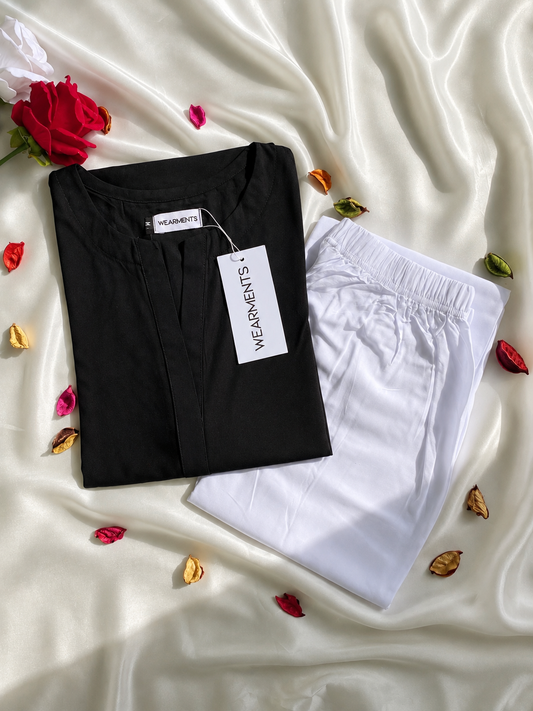 Jet Black Long Shirt with White Palazzo – Linen 2PC