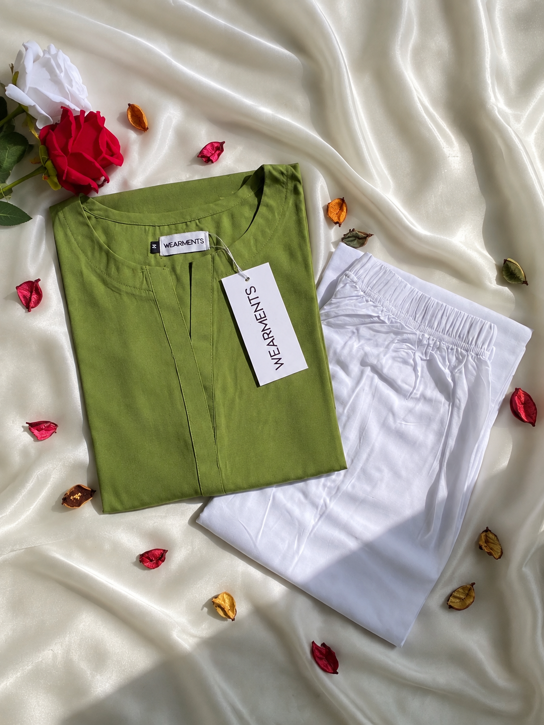 Green Long Shirt with White Palazzo – Linen 2PC