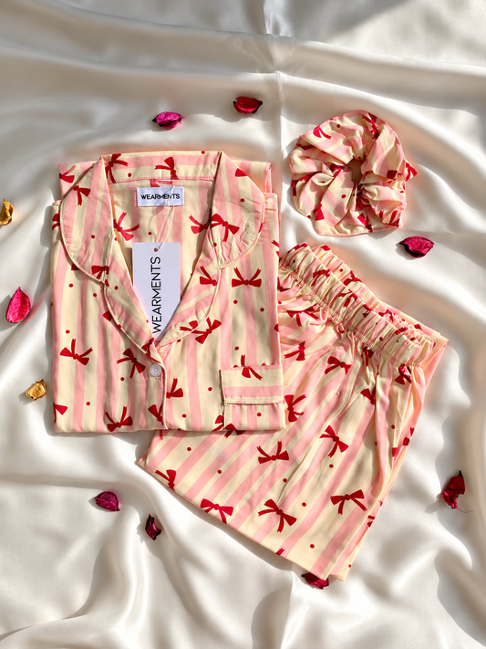 Pink Bow Stripe –  Linen Night Suit
