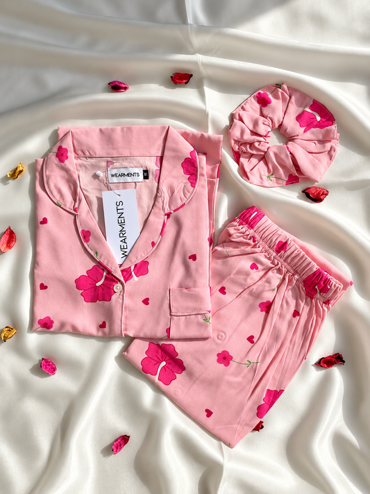 Blush Bloom – Linen Night Suit