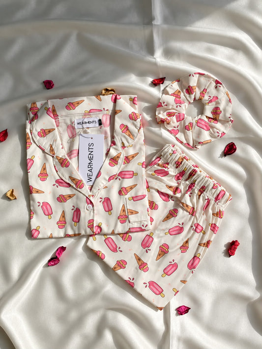 🍦 Pink Ice Cream Print Night Suit