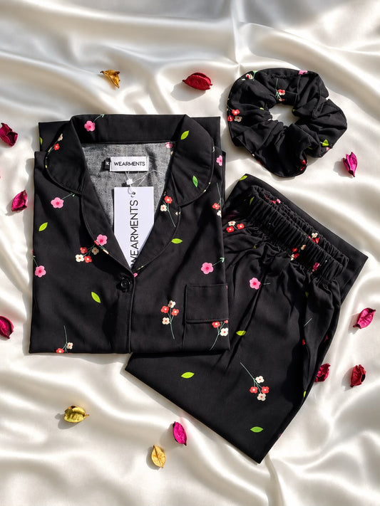 Black Floral Night PJ Set