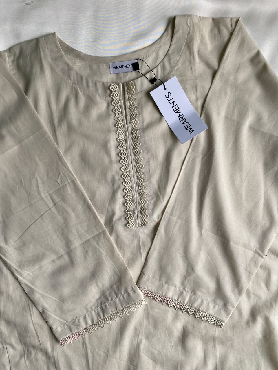 Beige Solid Lawn Co-Ord Set With Lace Detail