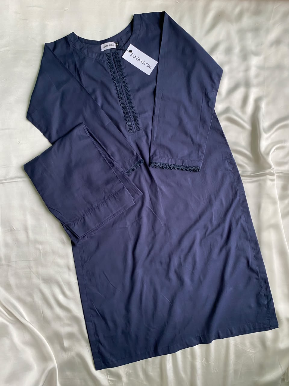 Navy Blue Solid Lawn Co-Ord Set With Lace Detail