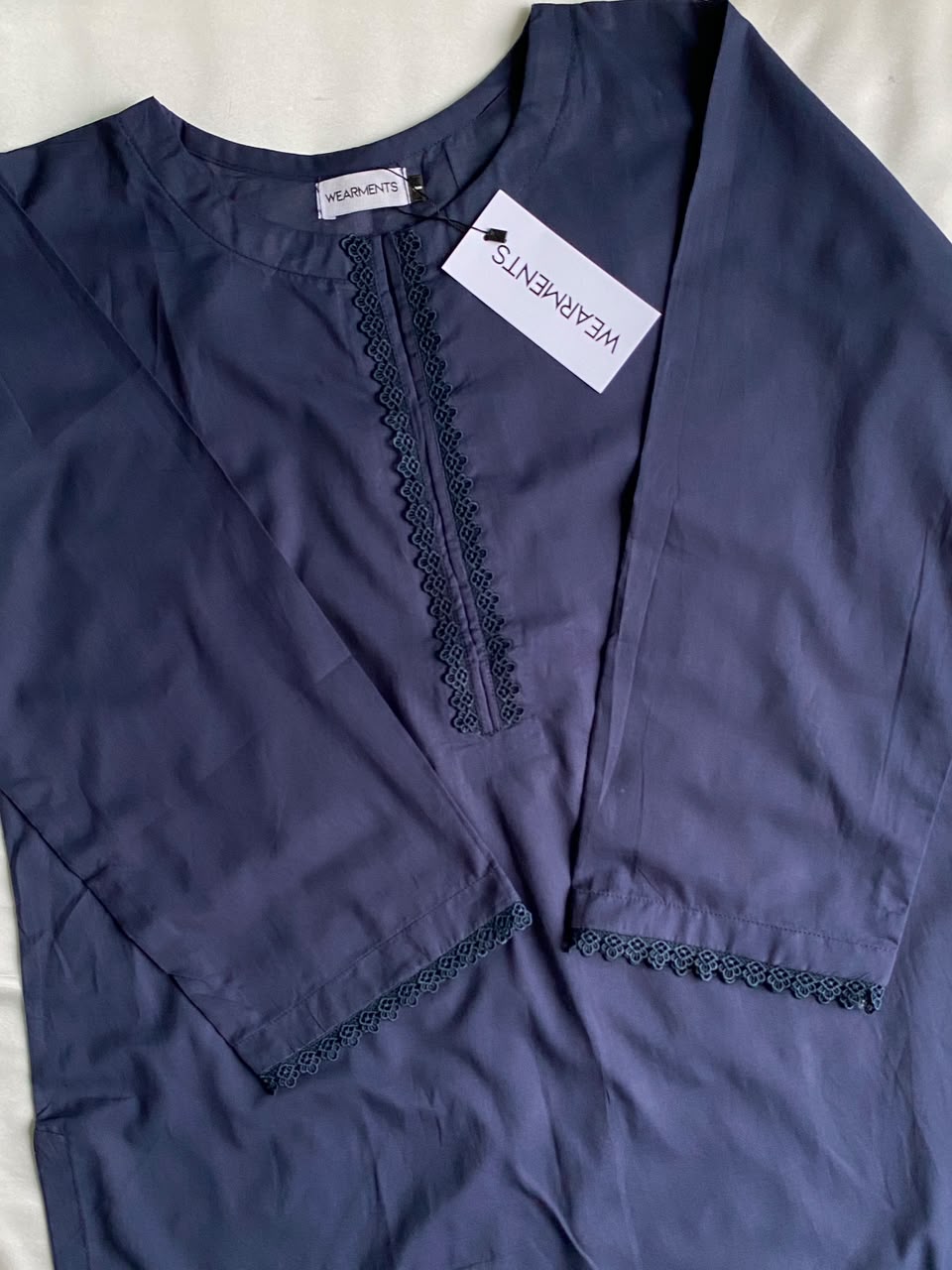 Navy Blue Solid Lawn Co-Ord Set With Lace Detail