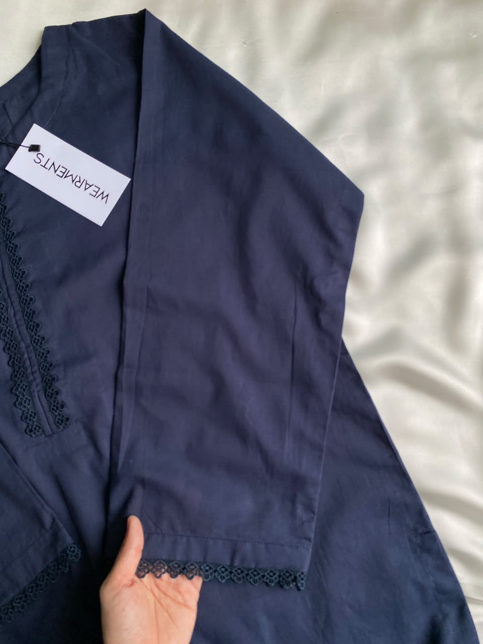 Navy Blue Solid Lawn Co-Ord Set With Lace Detail