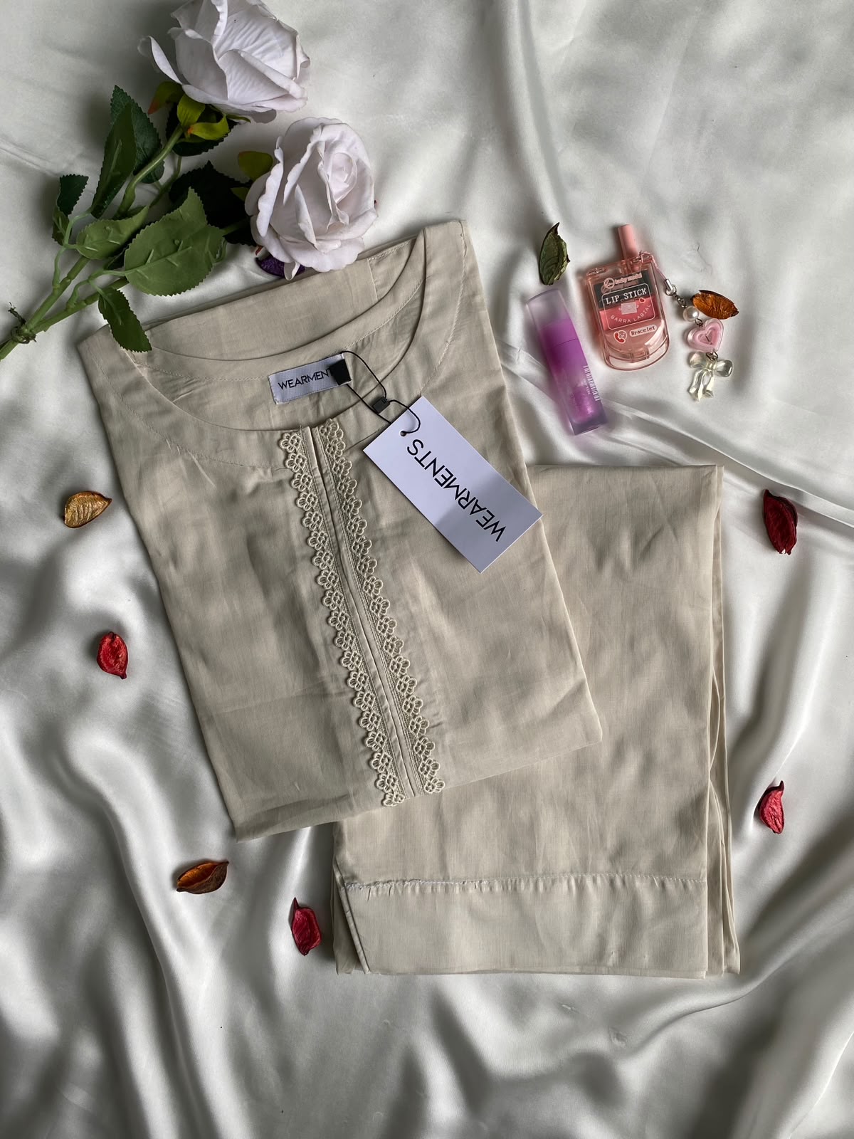 Beige Solid Lawn Co-Ord Set With Lace Detail