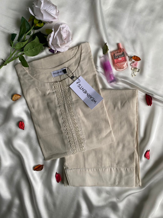 Beige Solid Lawn Co-Ord Set With Lace Detail
